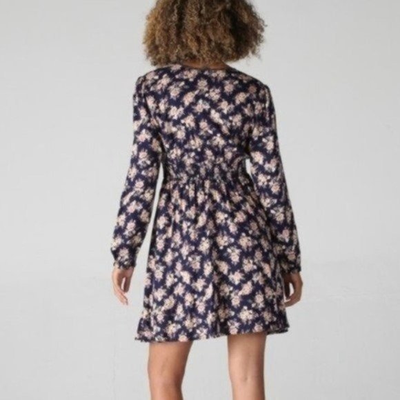 Navy Blue Floral Long Sleeve Front Tie Midi Dress - Picture 5 of 5